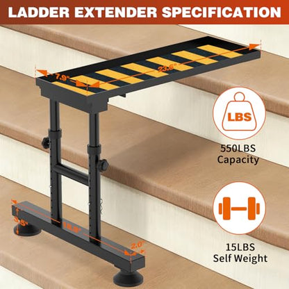 Adjustable Ladder Extender for Stairs, Metal Ladder Extender Stabilizer with Non-Slip Pad & Rubber Feet, Leveler for Straight/Extension/Telescope Ladders(550LBS Capacity, 15.9" to 23.8"H Adjustable) - color: Black