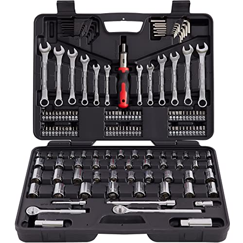 MECHMAX 161-Piece Master Mechanics Tool Set & 1/4", 3/8", 1/2" Drive Socket Kit. Professional Auto Repair Set with Ratcheting Bit Driver, Spark Plug Sockets, Wrenches & Hex Keys for Car, Truck, RV. - style: 161 Piece