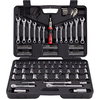 MECHMAX 161-Piece Master Mechanics Tool Set & 1/4", 3/8", 1/2" Drive Socket Kit. Professional Auto Repair Set with Ratcheting Bit Driver, Spark Plug Sockets, Wrenches & Hex Keys for Car, Truck, RV. - style: 161 Piece