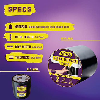 ATack Waterproof Patch and Seal Tape, Black, 4 Inches x 10 Feet, Water Barrier Tape for Stop Leak Repair on Pipes, Chimney, Roof, Boat, and HVAC - color: Black