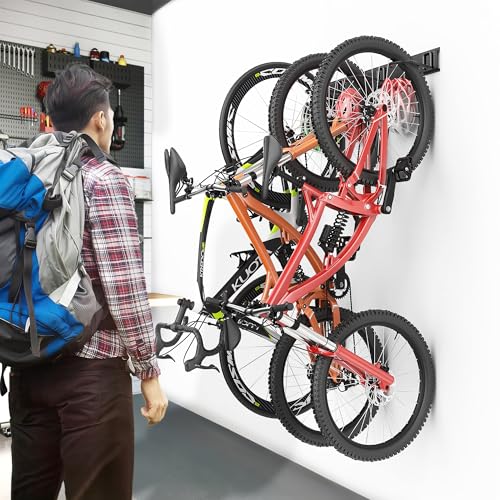 Ultrawall Bike Storage Rack, Wall Mount Bicycle Rack Vertical Bike Hanger for Garage, Home, 3 Bike Racks & 3 Helmet Hooks - size: 34in for 3 Bikes & 3 Helmets
