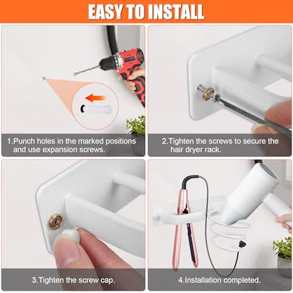 YUET Hair Dryer Holder Hairdryer Station Wall Mounted Shelf Bracket Straightener Stand Hanger Organizer Blow Storage with Cable Tidy Rack for Dressing Table Bathroom Aluminum Professional, White - color: White