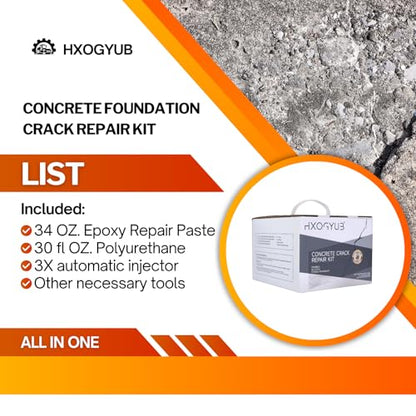 Concrete Foundation Crack Repair Kit, with Automatic Injector, High Performance, Filler for Wall Cracks, Stops Water Leaks & Radon Gas, Drill-Free, Quick-Setting Waterproof Sealing Solution