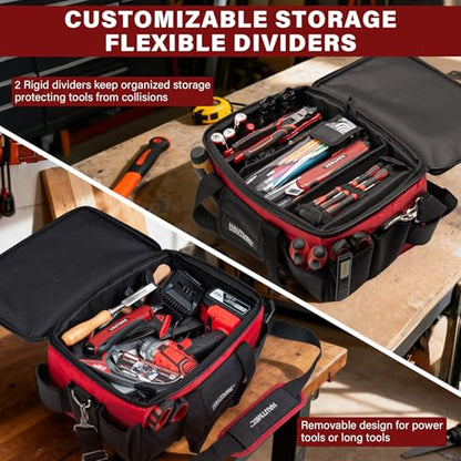 HAUTMEC 16-Inch Tool Bag, Heavy-Duty 1680D Tool Box with Padded Shoulder Strap, Double zipper, Trolley Sleeve, Wide Mouth Tool Case with Removable Divider for Quick Action - HT0401