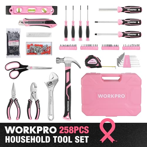 WORKPRO Pink Tool Set, 258 PCS Tool Kit for Women, Basic Household Case with Hammer, Screwdriver Set, Portable for Home Repair, New Apartment, House-Warming, DIY - Pink Ribbon