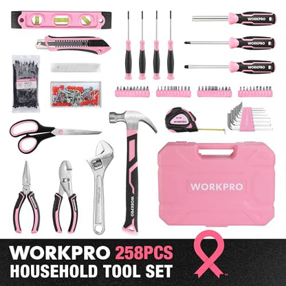 WORKPRO Pink Tool Set, 258 PCS Tool Kit for Women, Basic Household Case with Hammer, Screwdriver Set, Portable for Home Repair, New Apartment, House-Warming, DIY - Pink Ribbon