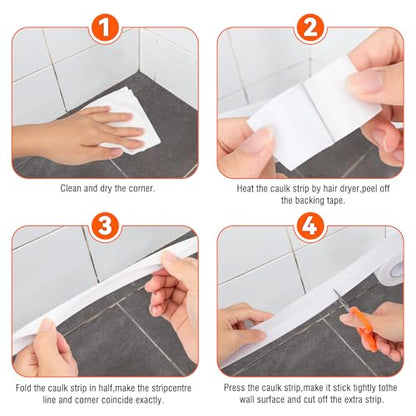 White Caulk Tape Waterproof Self Adhesive, Peel & Stick Caulking Tape for Floor Tile Corner Trim & Shower, Bathroom Accessories, Toilet & Bathtub Sealant Strip, Better Than Silicone Caulk