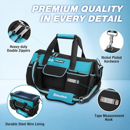 DURATECH 18-Inch Large Tool Bag with Waterproof Hard Bottom, Tool Bags for Men Heavy Duty with 19 Pockets, Wide Open Mouth Toolbag for Electricians Mechanic Plumber HVAC - size: 18 Inch