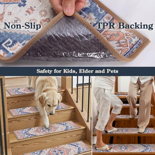 Lahome Non Slip Peel and Stick Stair Treads 15 Pack 8" X 30" Carpet Treads for Wood Stairs, Washable Self Adhesive Mat Edging Staircase for Tenant Defend The Steps from Scratches Dorie,Blue-Tan - color: Blue/Tan
