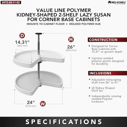 Rev-A-Shelf 2 Tier Kidney Cut Lazy Susan for Corner Base Cabinets, Plastic, 24" Double Shelf Swivel Kitchen Spice/Can Organizer, White, 3472-24-11-52 - size: 24 inch