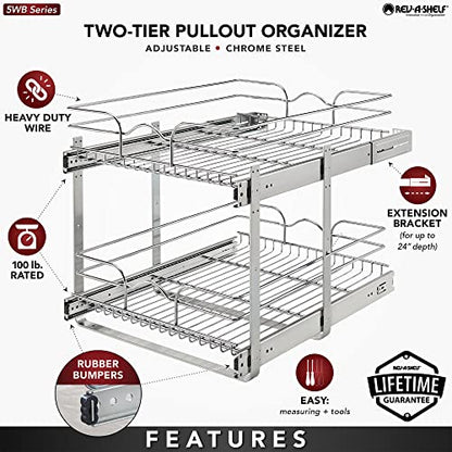 Rev-A-Shelf 2-Tier Kitchen Cabinet Pullout Shelf and Drawer Organizer Slide Out Pantry Storage Basket in Multiple Sizes, 18 x 22 In, 5WB2-1822CR-1 - size: 18" W x 22"D, style: Two Tier