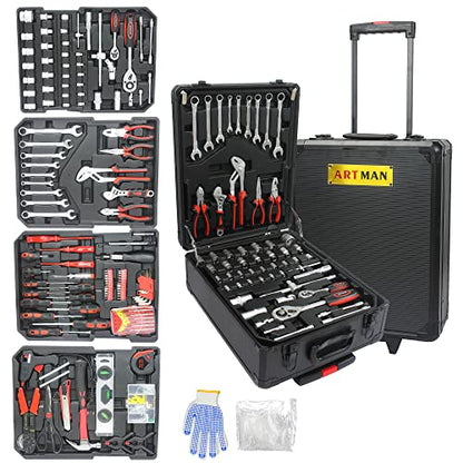 Campfun 899PCS Tool Set, Household Tool Kit with Rolling Tool Box, Complete Tool Box Set Hand Tool Set with Tool Box, Mechanic Tool Set Rolling Tool Set for Home/Auto Repair Tool Set, Black - color: Black