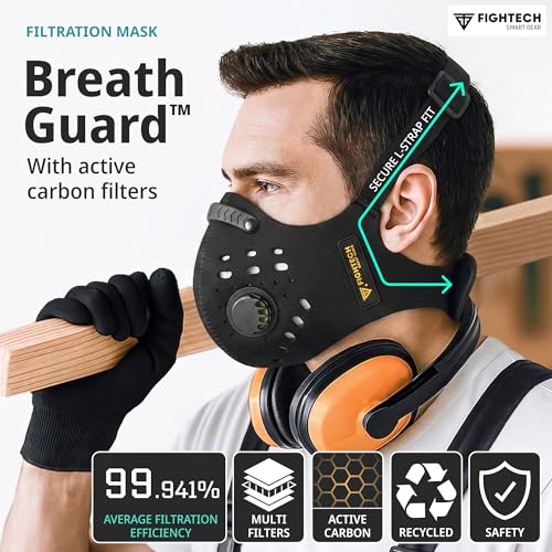 FIGHTECH Dust Mask – Reusable Face Mask with Carbon Filters & Air Valves for Woodworking, Construction & Moving