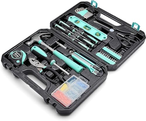 Amazon Basics 142-Piece Household Tool Kit for Home Repair, Hand Tools with Storage Case, 13.39 x 9.25 x 2.95 inch, Turquoise - color: Turquoise