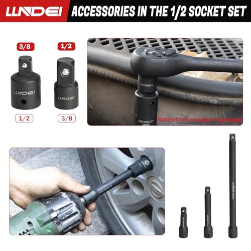 LLNDEI 1/2 inch Drive Deep Impact Socket Set, 37 Piece Standard SAE 3/8" to 1-1/4" | Metric 8 to 24mm, Includes Spark Plug Socket (16, 21mm), CR-MO Universal Joint, Extension Bars and Adapter - size: 37-piece 1/2" Drive Socket Set Sae & Metric