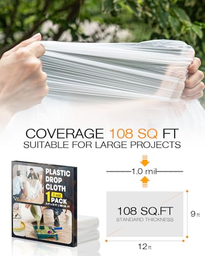 9x12 Ft Plastic Drop Cloths, Waterproof & Dust-Proof Tarp for Painting, Disposable Sheeting for Furniture, Floor, and Couch Protection - Durable Painter’s Cover (1-Pack) - size: 1 PCS 9x12 Ft