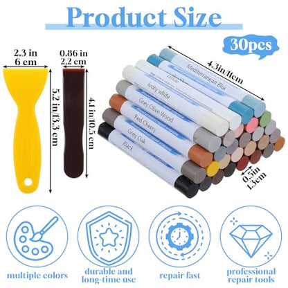 30+2Pieces Wood Filler Sticks, 30 Colos Wood Filler Putty Wax Crayons Furniture Repair Kit Putty Stick for Baseboard Cabinets Furniture Floors(with 2 Scrapers)