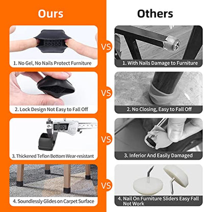 Ezprotekt 24 Pcs Black Chair Leg Sliders for Carpet, Square Chair Glides for Rug, Teflon Furniture Pads Leg Protectors Caps - for Dining Table, Bar Stool, End Table Legs (L Fit:1" - 1.4") - size: L - Black