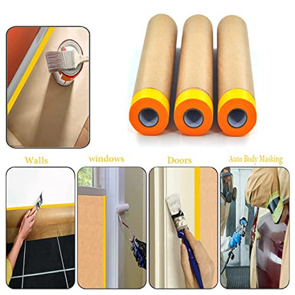 Pre-Taped Paint Masking Paper and Masking Tape Sets,2 Rolls 22inch-50feet Painters Paper and 1 Roll Painters Tape, Automotive Paint Paper, Tape and Drape Waterproof for Painting Protection Covering
