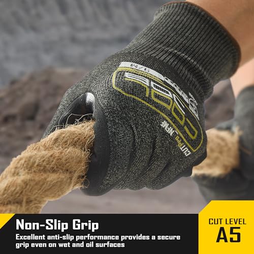 COOLJOB A5 Fiberglass Free Cut Resistant Gloves for Men, Touchscreen, Grip Nitrile Coated, No PFAS, Non Slip, Soft & Durable - color: Black (Pack of 1), size: Large