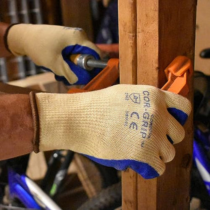 Cordova Cor-Grip Gloves, 10-Gauge, Yellow Poly/Cotton Shell, Blue Latex Palm Coating, 12-Pack - size: Medium