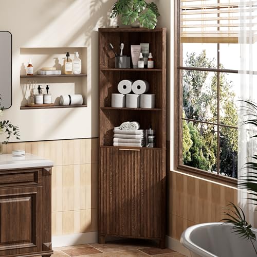 VINGLI Tall Corner Cabinet with Fluted Doors, 68" Walnut Corner Storage Cabinet with Adjustable Shelves, Freestanding Wood Corner Bookshelf for Bathroom, Living Room & Kitchen, Space-Saving - color: Dark Walnut, style: 68" Tall Fluted Corner Cabinet