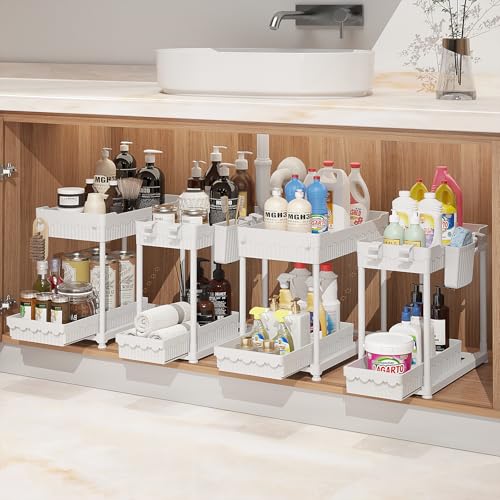 Sevenblue Under Sink Organizer, Bathroom Organizers and Storage, 2 Tier Multi-Use Pull Out Cabinet Organizer with Hang Hooks and Cups (White, 4 Pack) - color: White, size: 12.8 Inch