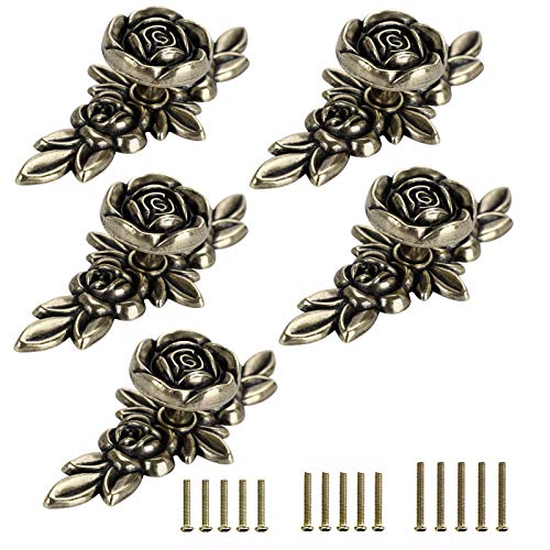 JUXYES Pack of 5 Euro Rose Decorative Cabinet Knobs with Plate, Floral Ivory Drawer Knob Cupboard Door Knobs, Ivory White Drawer Pulls Cabinet Handle Knobs for Dresser Cabinet - color: Antique Bronze, size: Small