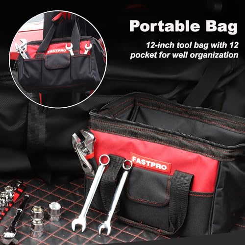 FASTPRO 236-Piece Home Repairing Tool Set, Mechanics Hand Tool Kit with 12-Inch Wide Mouth Open Storage Bag, Household Tool Set for DIY, Home Maintenance, Red - color: Red