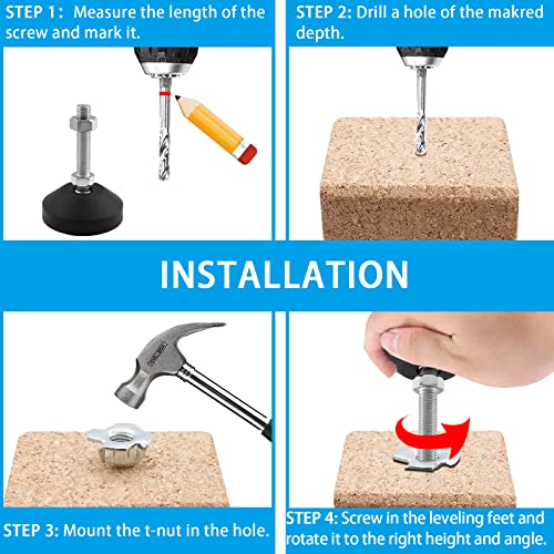Luomorgo 4 Pcs M10 Leveling Feet with T-Nut, Anti Skid Threaded Rubber Feet, Adjustable Swivel Levelers for Furniture Feet, Heavy Duty Appliance Feet for Mechanical Equipment (D50 x M10 x H50) - size: D50 x M10 x H50