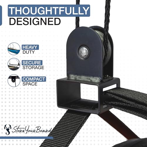 StoreYourBoard Ladder Storage Ceiling Pulley System, Garage Mount Hoist, Heavy Duty Hanging Organizer Holds 150 lbs - size: 8 Ft - 10 Ft Ceiling