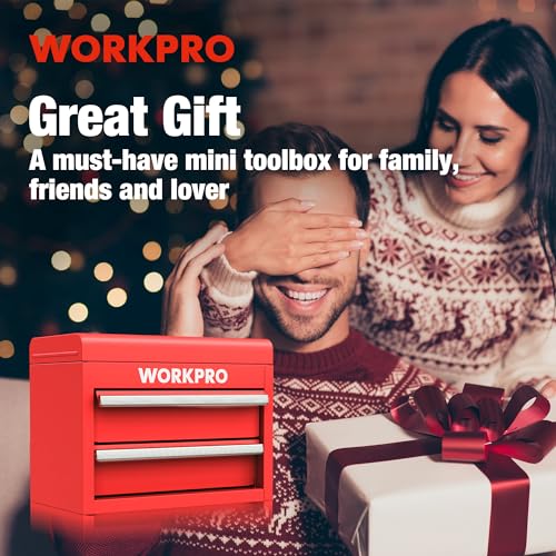 WORKPRO Mini Metal Tool Box with 2 Drawers and Top Storage, Small Tool Chest with PVC Liners and PP Feet Pads, Cold Rolled Steel Toolbox with Magnetic Tab - color: Red