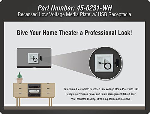DATA COMM Electronics 45-0231-WH USB Recessed Media Outlet Box, In-Wall Cable Management, Duplex Receptacle,4.0 Amp Dual USB Ports, Large Cable Pass-Through, Design for Thin Mounts & TV, White - style: with Duplex Receptacle & 4.0 Amp Dual USB Ports