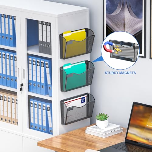samstar 6 Pack Magnetic File Holder, Mesh Wall File Organizer File Pocket Mail Organizer Paper Folder Holder for Office/Home, No Drilling(Magnetic) - color: Magnetic Black