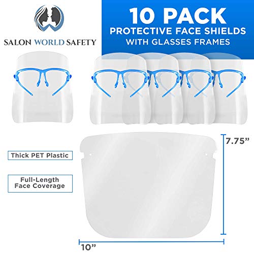 TCP Global Salon World Safety Face Shields with Blue Glasses Frames (Pack of 10) - Ultra Clear Protective Full Face Shields to Protect Eyes, Nose, Mouth - Anti-Fog PET Plastic, Goggles - color: Blue