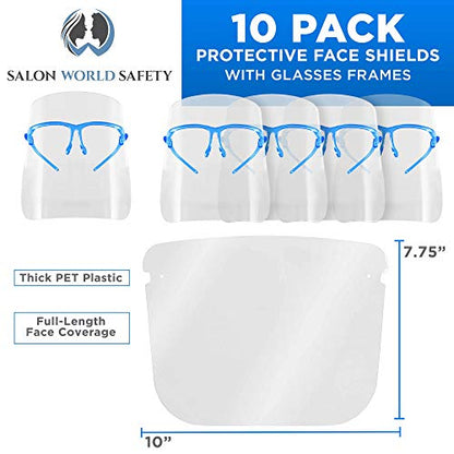 TCP Global Salon World Safety Face Shields with Blue Glasses Frames (Pack of 10) - Ultra Clear Protective Full Face Shields to Protect Eyes, Nose, Mouth - Anti-Fog PET Plastic, Goggles - color: Blue