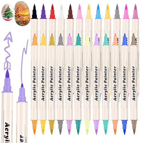 24 Colors Acrylic Paint Pens & Markers Set, Dual Tip Drawing Markers for Coloring on Wood, Fabric, Metal, Eggs - Opaque, Water-Based Paint Markers for Crafts & DIY Art