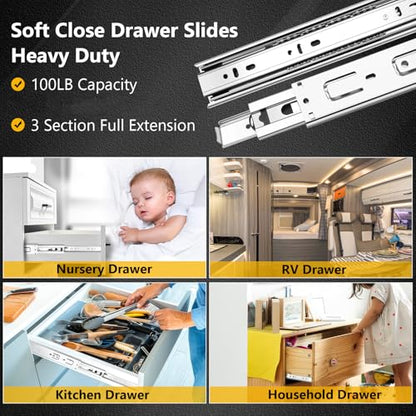16 inch Ball Bearing Drawer Slides 6 Pairs (12pcs) - 100LB Capacity, Full Extension Side Mount Slides for Kitchen Cabinets, Wardrobes, Office Furniture (Silver 16inch) - color: Silver, size: 16 Inch