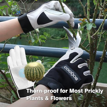 COOLJOB Sheep Skin Leather Garden Gloves with Abrasion Resistant Grip, Thorn Puncture Proof Work Gloves for Landscaping, M-XL - size: Large