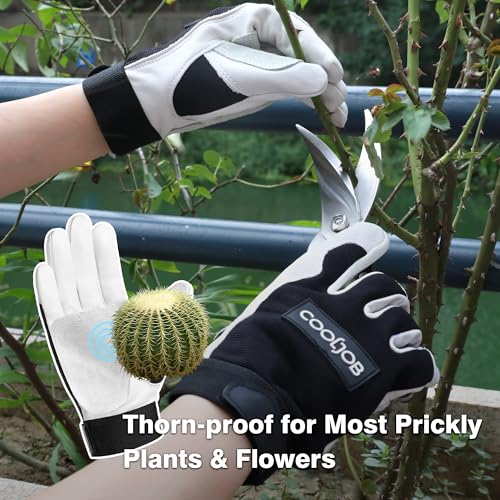 COOLJOB Sheep Skin Leather Garden Gloves with Abrasion Resistant Grip, Thorn Puncture Proof Work Gloves for Landscaping, M-XL - size: X-Large