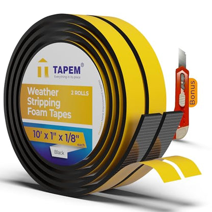 Weather Stripping Door Seal 20 ft - 2 Rolls 10' x 1" x 1/8" - Black Door Seal Strip - Neoprene Foam Tape - Premium Insulation Tape - Foam Insulation for Doors, Windows, Attic Access, Hatches!