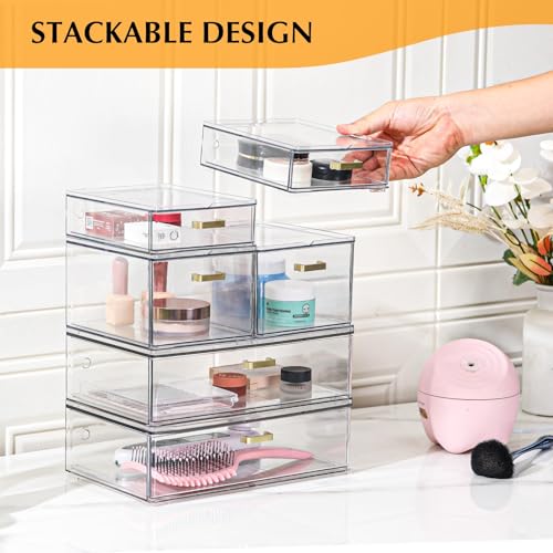 LALOBLUE Stackable Storage Drawers, 6 Pack Clear Acrylic Organizer Bins with Golden Handles, Multi-Size Plastic Drawers for Makeup, Vanity, Kitchen, Bathroom, Office, Pantry Organization and Storage - style: 6 Pack