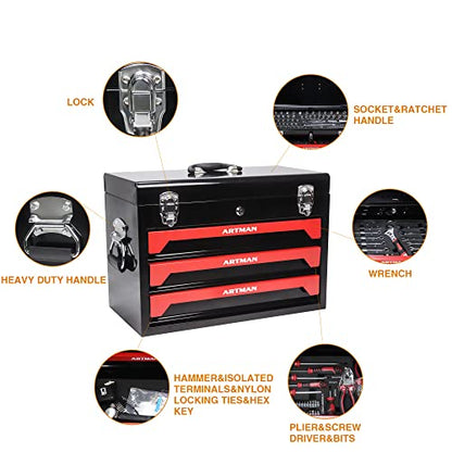 Runboll Mechanics Tool Set 339-Piece 3-Drawer Toolbox with Tools Kits Included, with pliers, ball hammer, screwdrivers, wrenches, Hex Keys, and More - color: Red, size: Toolbox w/ Kits