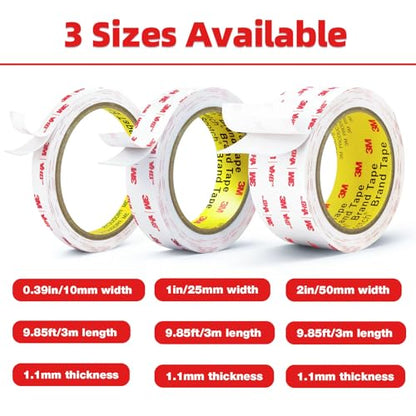 3M Double Sided Tape Heavy Duty, 1" x 9.85FT Removable Mounting Tape for Wall, Extra Strong Foam Tape, Picture Hanging Adhesive Strips Waterproof for Cars, Walls, Home, Office Décor - size: 1in x 9.85ft