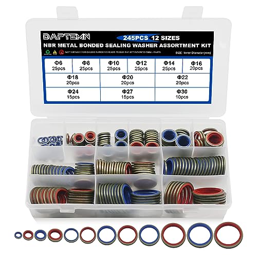245pcs Bonded Seal Washer, NBR Metric Metal Automotive Sealing Washers Assortment Kit Self-Centred Sealing Rubber Gasket Combination Fit 12 Size M6 M8 M10 M12 M14 M16 M18 M20 M22 M24 M27 M30 - color: 245PCS Red & Blue Seal Washers