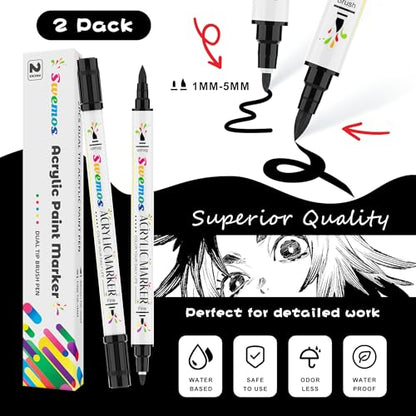 Swemos 2PCS Black Acrylic Paint Pens Markers, Dual Tip with Fine Tip and Brush Tip Pens Acrylic Paint Markers Waterproof Acrylic Markers Set for Rock, Canvas Stone, Wood, Glass, Metal (BLACK, 2) - style: BLACK