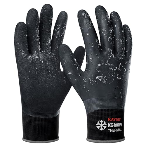 KAYGO Winter Waterproof Work Gloves for Men and Women, Thermal Insulated Freezer Rubber Coated Gloves,Super Grip, KG160 (L, Black) - color: Black-thermal, size: Large