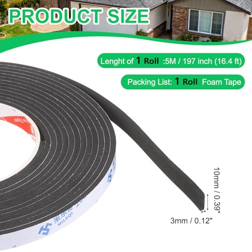 PATIKIL Sponge Rubber Foam Tape, 3/8" W x 1/8" t x 16.4ft l Self-Adhesive Foam Insulation Tape Weather Stripping for Window Door Soundproofing Weatherstrip AC Seal Strip, Black - size: 3/8" x 1/8" x 16.4ft