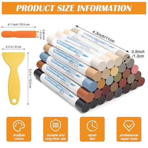 30+2P Wood Filler Sticks, Windspeed 30 Colos Wood Filler Putty Wax Crayons Furniture Repair Kit Putty Stick for Baseboard Cabinets Furniture Floors(with 2 Scrapers)