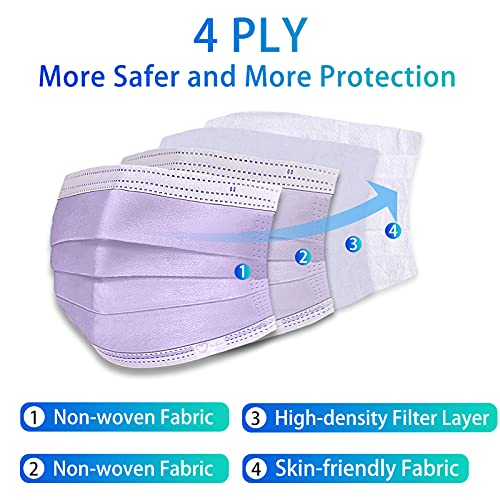 Disposable Face Mask 4-Ply for Adult, Soft Face Masks, Breathable Safety Mask… - color: Purple